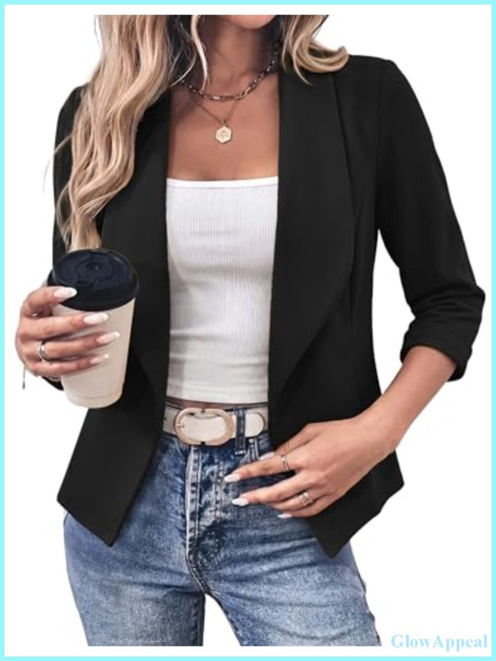 Womens Cropped Blazer 3/4 Sleeve Open Front Lightweight Business Casual